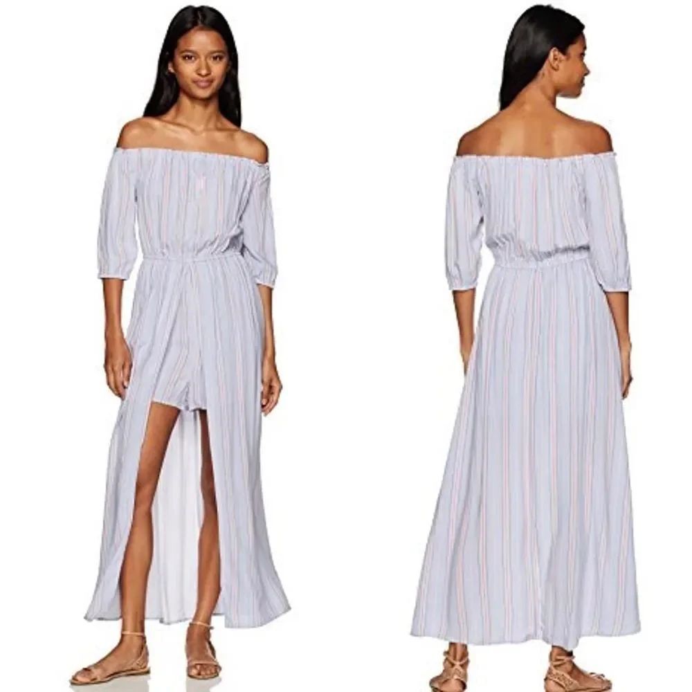 ☀️NWT MIDNIGHT DOLL Stripe Maxi Romper Off-the-Shoulder